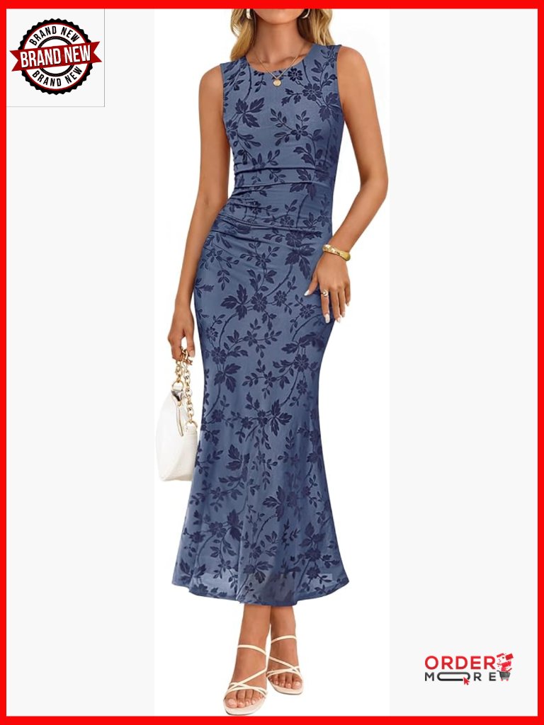 Sleeveless Floral Bodycon Maxi Dress Ruched Mesh Mermaid Wedding Guest